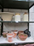 2 shelves of plant pots, stone ware etc.