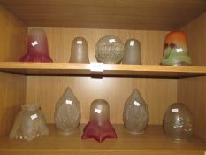 10 Edwardian glass lamp shades including cranberry, acid etched and Egyptian revival.