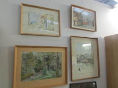 4 watercolours of rural scenes, 3 framed and glazed, 1 missing glass.