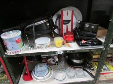 2 shelves of kitchen items including electric frying pan etc.