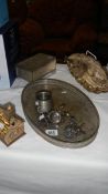 A George V cigar box, a pair of knife rests, metal house, dolphin handle etc,.