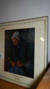 A framed and glazed print entitled 'An old woman with rosary' by Paul Cezanne.