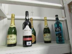 A bottle of Brut champagne, 2 bottles of Muscador , bottle of port etc.