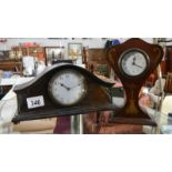 2 small wood mantel clocks, one being Napoleon hat shaped and the other lyre shaped.