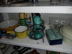 A quantity of vintage kitchenalia including soda syphon, flask, Green & Co., mixing bowl etc.