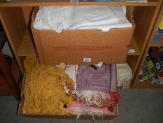 2 boxes of household textiles and vintage linens, scarves, shawl etc.