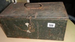 An old metal tool box containing casting tools etc.