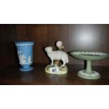 A Staffordshire sheep and 2 Wedgwood Jasper ware items.