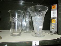 3 cut glass vases.