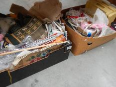 2 boxes of knitting yarns, tapestry wool, net tapestry fabric, knitting needles etc.