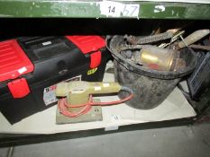 A mixed lot of tools including electric sander, tool box etc.