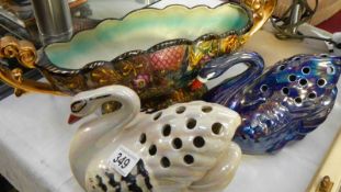 3 items of lustre ware for flower arranging including 2 swans.