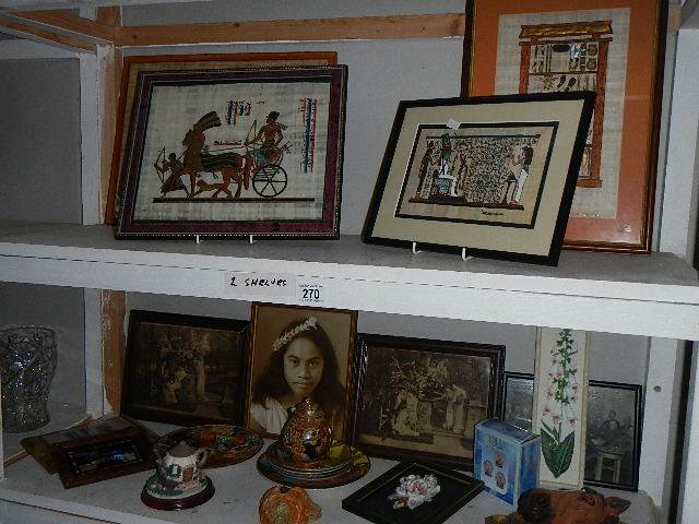 2 shelves of miscellaneous pictures, china etc.