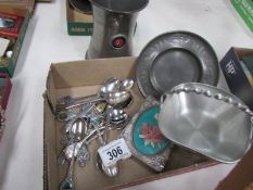 A tray of pewter items, spoons, Blue Star Line tankard etc.