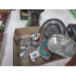 A tray of pewter items, spoons, Blue Star Line tankard etc.