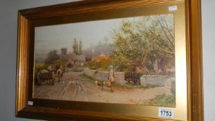 A watercolour painting by David Bates (1840-1921) of a village scene featuring a horse & cart,