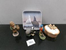 A Crown Devon trinket pot, A Copenhagen plate, a Goebel boy and 2 Border Art animals.