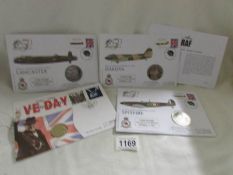 3 50th anniversary Battle of Britain memorial flight coin/covers, Lancaster, Dakota,