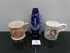 A Victoria Mug, an Edward VIII mug and a Mary Gregory blue vase a/f.