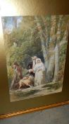 A fine Victorian watercolour a courting couple with two gundogs in a woodland copse in gilt frame