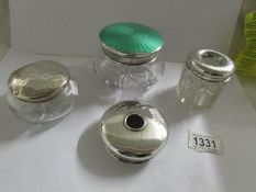3 silver lidded pots and a silver lid, all hall marked, some with dints and enamel loss to edge.