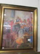 An oil on board impressionist work of musicians at concert/gig signed D Wood (possibly David Wood,