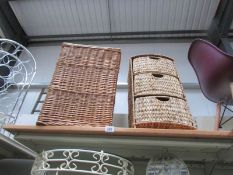 A wicker linen bin and 3 drawer chest