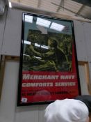 A framed and glazed Merchant Navy Comforts Service poster produced by McCorquodale & Co Ltd.