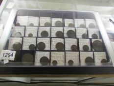 A collector's tray of 17th, 18th and 19th century UK copper coins including Charles I, Charles II,