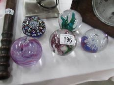 5 fine glass paperweights including millifiori example.