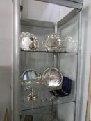 A mixed lot of silver plate including trays, comport, teaspoons etc.
