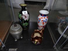 An Imari vase, A Cloissonne vase a/f, a pewter tea caddy and a lustre jug.