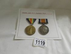 A WW1 war medal and Victory medal for Gnr. F J Pearn RA.