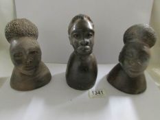 3 hand formed clay Tribal African heads.