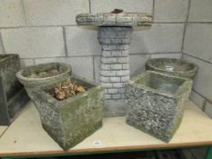 4 old garden pots and a bird bath.