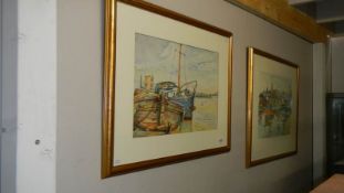 A pair of framed and glazed watercolours of boating scenes of Brayford Wharf,