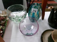 A signed art glass vase, an art glass bowl and a fine 'floral' dish.