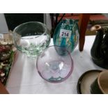 A signed art glass vase, an art glass bowl and a fine 'floral' dish.