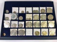 A collectors tray of UK silver coins, 1926 - 1997 including silver crowns, shillings etc.