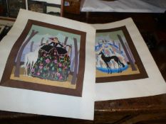 2 unframed water colour illustration of ladies with dogs, signed Coleth.