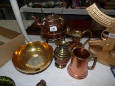 A copper kettle, copper jugs, brass bowl etc.