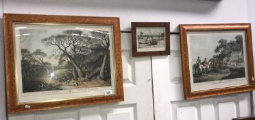 A pair of framed and glazed hunting prints and an antiquarian 'Fishing in a punt' engraving.