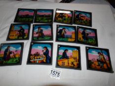 5 sets of magic lantern slides in wood box being The Pig & The Wolf, Quaker Oats adverts.