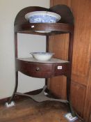 A mahogany corner washstand (ceramics a/f)