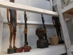 5 wooden tribal items including figures and bust together with other wooden items