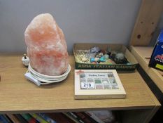 A mineral rock light and a collection of semi precious stones