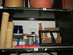 A shelf of assorted wooden items