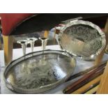 2 silver plate trays and 3 silver plate posy vases