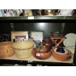 A shelf of assorted wooden items,