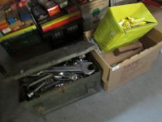 A metal box containing spanners and a box of tools etc